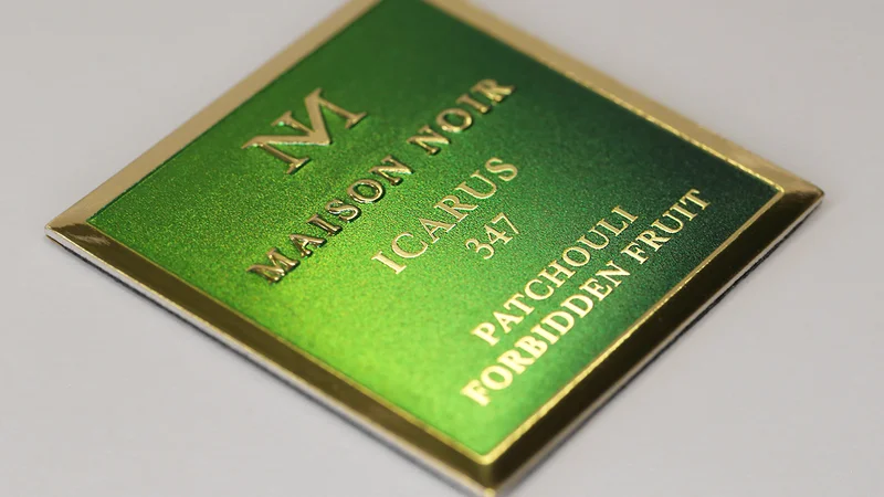 Embossed aluminum label for perfume bottle Maison Noir ICARUS 347